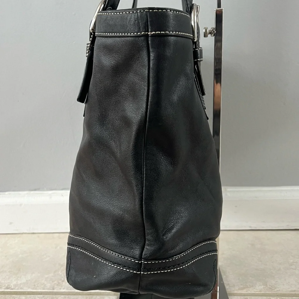 Coach Black Leather Tote with White Stitching